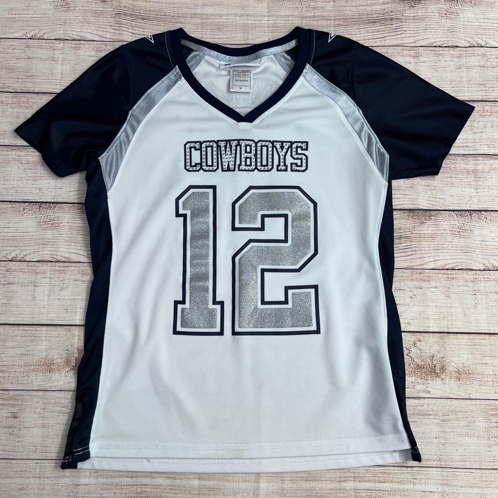 Dallas Cowboys NFL Football Jersey Women Medium Navy White Silver Glitter #12